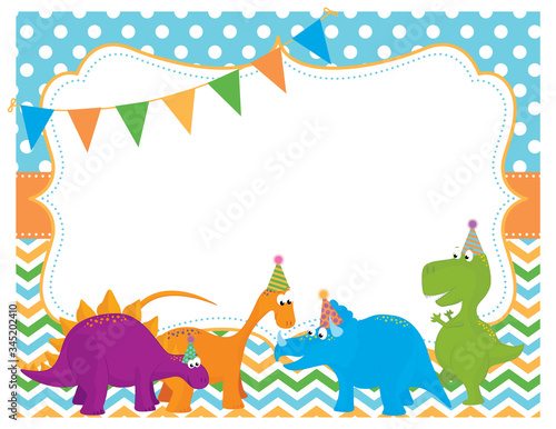 A vector illustration of a cute dinosaur birthday party invitation frame with a Tyrannosaurus Rex, Stegosaurus, Triceratops and Apatosaurus wearing party hats with balloons and decorations
