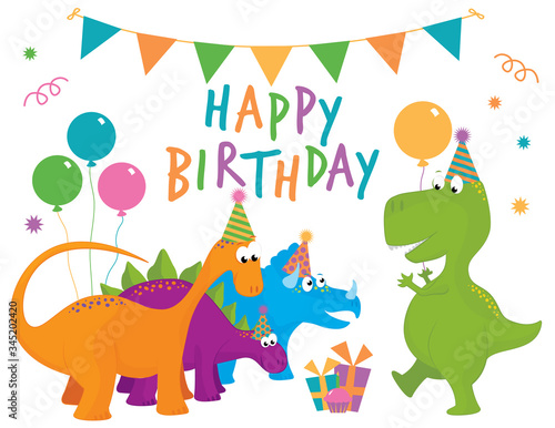 A vector illustration of a cute dinosaur birthday party set with a Tyrannosaurus Rex, Stegosaurus, Triceratops and Apatosaurus wearing party hats with balloons and decorations