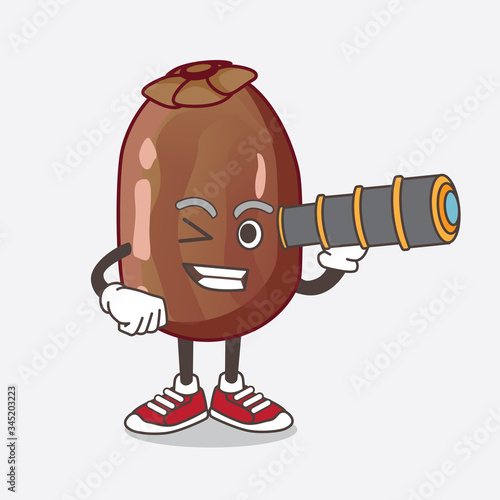 Date Fruit cartoon mascot character using a monocular