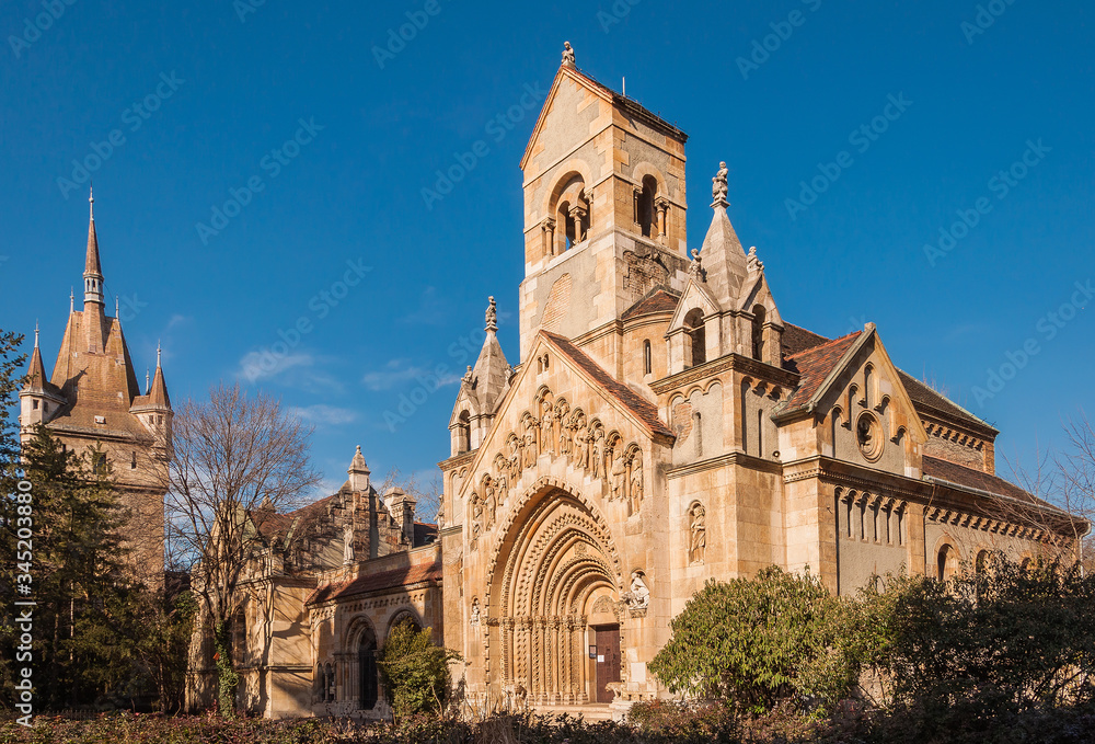 The Chapel of Jak in Vajdahunyad Castle is a functioning Catholic chuch, located in Budapest - obrazy, fototapety, plakaty 