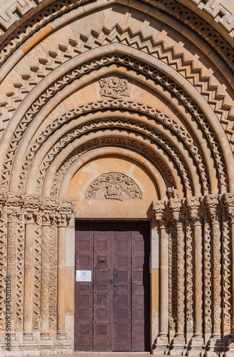 View of the Portal of the Church of Jak is a functioning Catholic chapel in Budapest