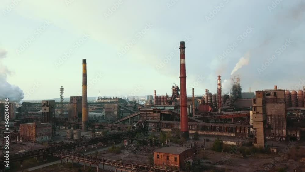 industry metallurgical plant sunrise bad ecology chimney smoke aerial 4K industry metallurgical plant sunrise bad ecology chimney smoke aerial 4K