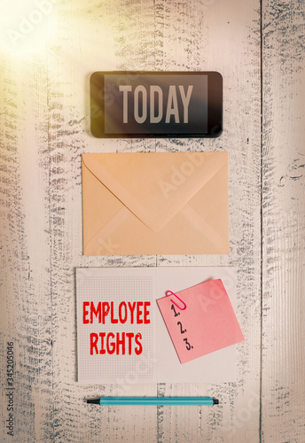Word writing text Employee Rights. Business photo showcasing All employees have basic rights in their own workplace Envelop smartphone notepad note clip marker old wooden vintage background photo