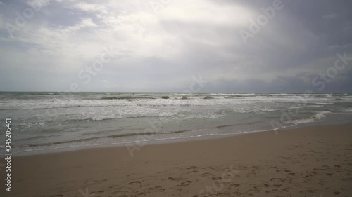 Wide angle panoramic of the sea surf. Cloudy morning of sandy Mediterranean Beach. Mediterranean coast in Guardamar del Segura, Torrevieja, Alicante photo