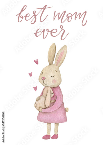 Watercolor card with bunnies mom and baby and handwritten "best mom ever" © Olena Yevsikova
