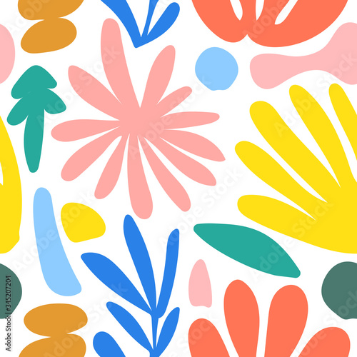 Seamless abstract pattern with natural shapes. Contemporary floral сollage. Bright exotic print. Modern tropical illustration for for fabric or wrapping paper, wall art, social media post, packaging.
