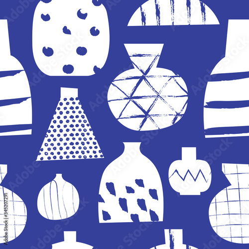 Seamless pattern with hand drawn vector abstract vases. Checkered dotted geometrical simple texture. Aesthetic composition in indigo color. Collection of ceramic vases. Minimalist shapes