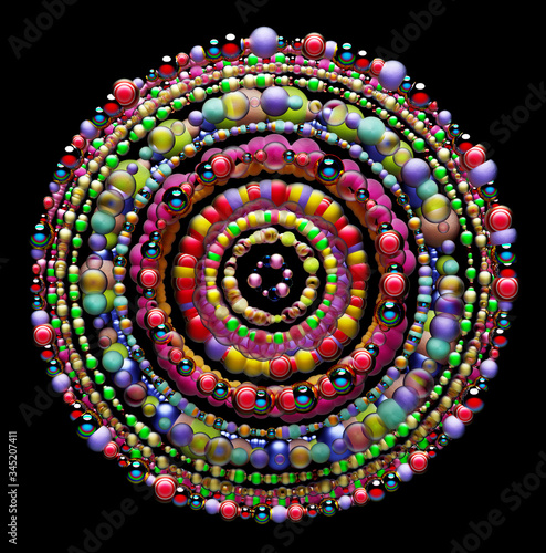 3d render of abstract art of surreal decorative hypnotic mystery Indian mandala sign or symbol in spherical shape based on small connected balls particles in multi rainbow color on black background