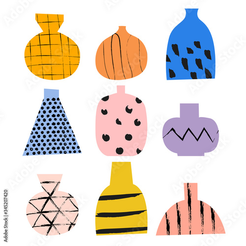 Collection of hand drawn vector abstract vases. Checkered dotted geometrical simple texture. Trendy collage for design in an ecological style. Aesthetic composition in pastel colors. Minimalist shapes