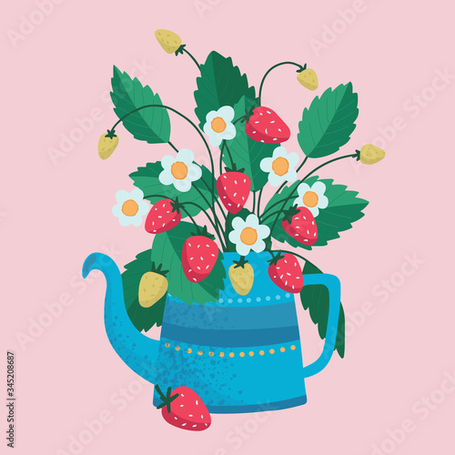 Isolated beautiful flower bouquets in wrapping and blooming plant in watering can, strawberry composition. Decorative florist shop item.
