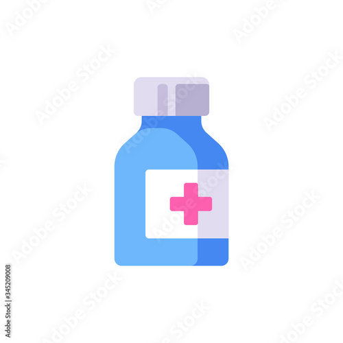 Glass medicine bottle with label vector illustration. Healthcare flat icon