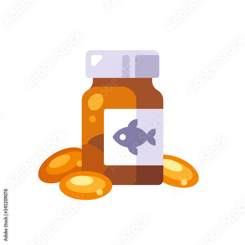 Fish oil pills in a glass bottle. Omega 3 vitamin capsules flat illustration