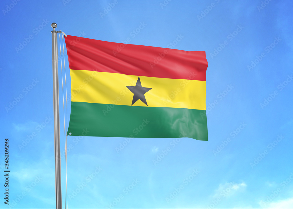 Ghana flag waving sky background 3D illustration Ghana flag waving sky background 3D illustration