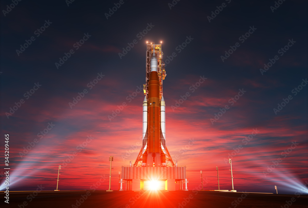 Space Launch System On Launchpad Over Background Of Sunrise