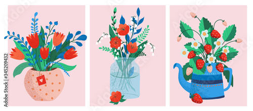 flower bouquets in wrapping and blooming plant. poppies and lilies, strawberry. tulip composition. Decorative florist shop item.