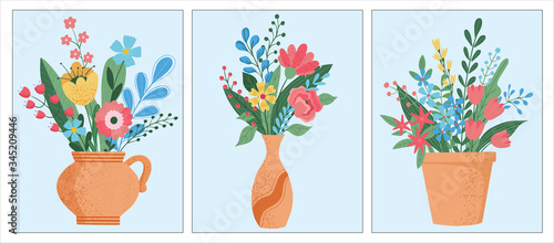 Set of flower bouquets in wrapping and blooming plant in clay or plastic flowerpots. Tulip and bud composition. Decorative florist shop item on blue background