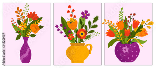 Set of flower bouquets in wrapping and blooming plant in clay or plastic flowerpots. Tulip, rose and bud composition. Decorative florist shop item on pink background