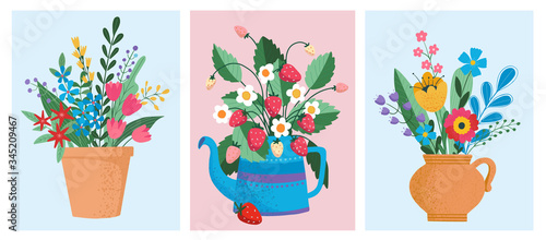 Set of flower bouquets in wrapping and blooming plant in clay or plastic flowerpots. Tulip, strawberry and bud composition. Decorative florist shop item on background