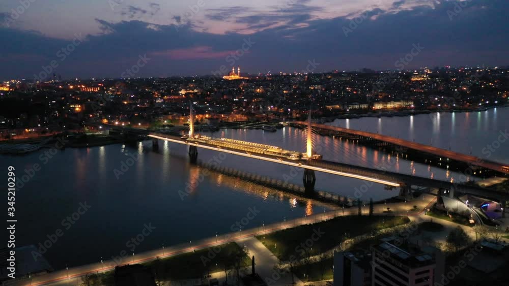 Eminonu Metro Bridge Sunset Aerial Drone View at Covid-19 Isolation Days Eminonu Metro Bridge Sunset Aerial Drone View at Covid-19 Isolation Days