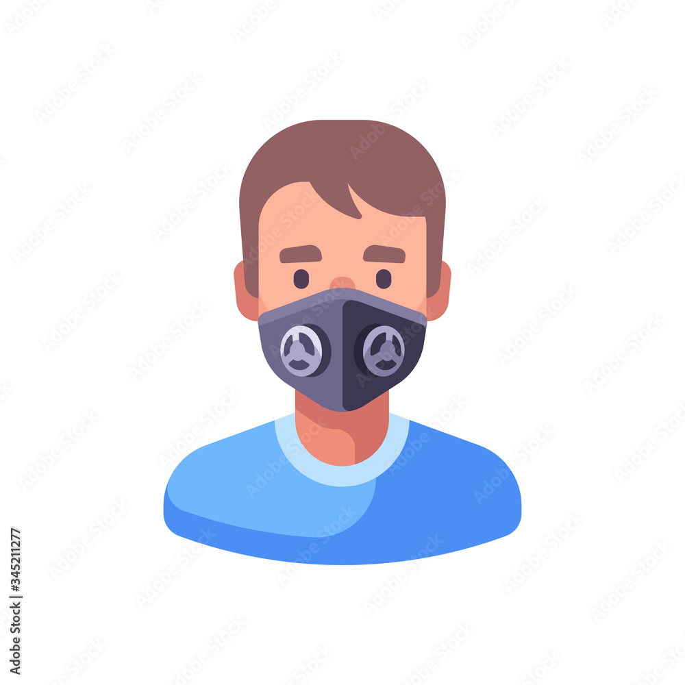 Man in black N99 face mask. Virus protection flat illustration Man in black N99 face mask. Virus protection flat illustration