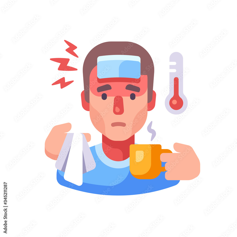 Sick man drinking tea flat illustration. Guy having flu symptoms. Infectious disease concept