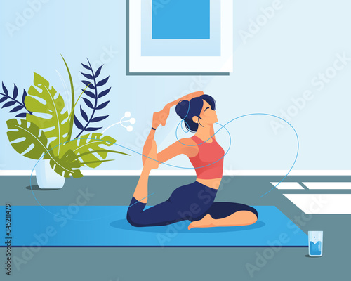 Vector Sports illustration. Sporty young woman practicing yoga & fitness exercises indoor. Healthy and wellness lifestyle. Female cartoon character demonstrating yoga poses at home or in class