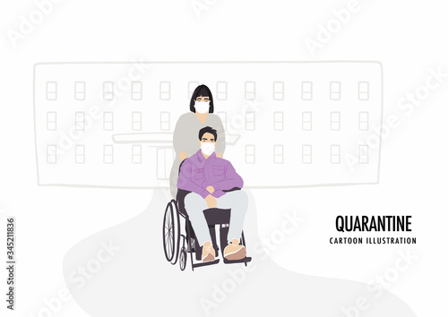 Young men on wheelchair and women in white face mask during quarantine. Teenage disabled character group in prevention masks visiting hospital. Pandemic of coronavirus. Vector persons