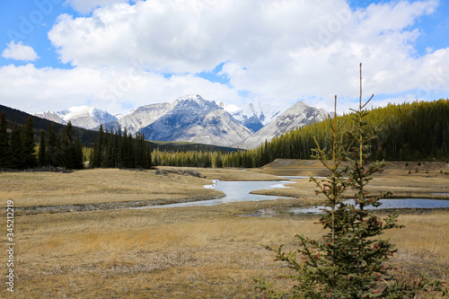 Snow melting in the river with mountains ahead along Banff National Park, Canada