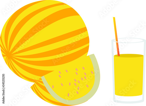 glass of Cantaloupe juice and Cantaloupe on white background