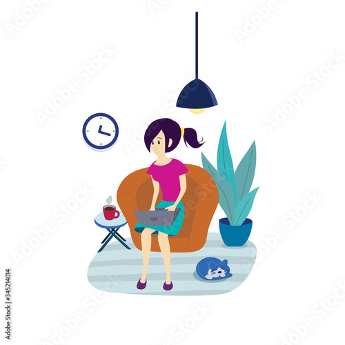 Woman work at home with sleepy cat, Stay home, Work from home.