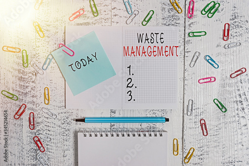 Handwriting text writing Waste Management. Conceptual photo actions required manage rubbish inception to final disposal Squared spiral notepad clips note highlighter lying old wooden background photo