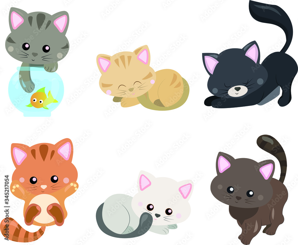 Vector Funny and cute cartoon Cat different breeds pet characters set. kitty vector illustration, toys and sticker.