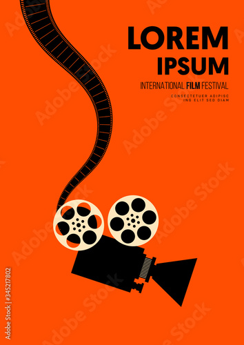 Movie and film poster design template background with vintage film camera and filmstrip