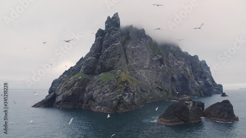 Aerial shot of Boreray, St Kilda Scotland during sunset