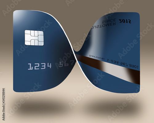 A credit card or debit card is twisted, bent into the shape of bow tie or ribbon bow in this illustration. The blue card hovers and casts soft shadow. photo