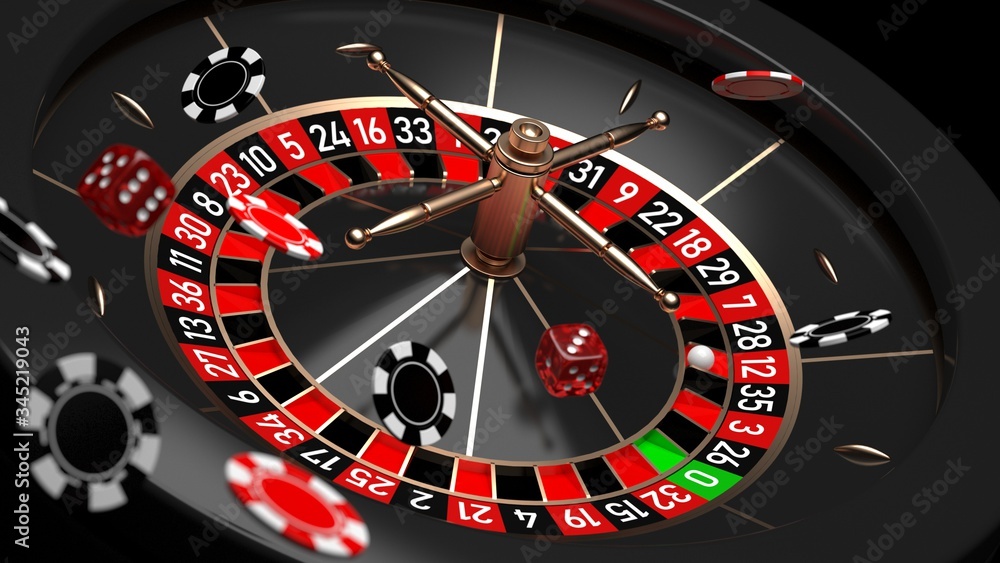 Roulette wheel with flying casino chips and dice. 3D illustration Roulette wheel with flying casino chips and dice. 3D illustration