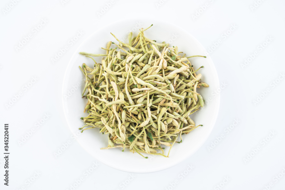 Dried honeysuckle and fresh honeysuckle buds