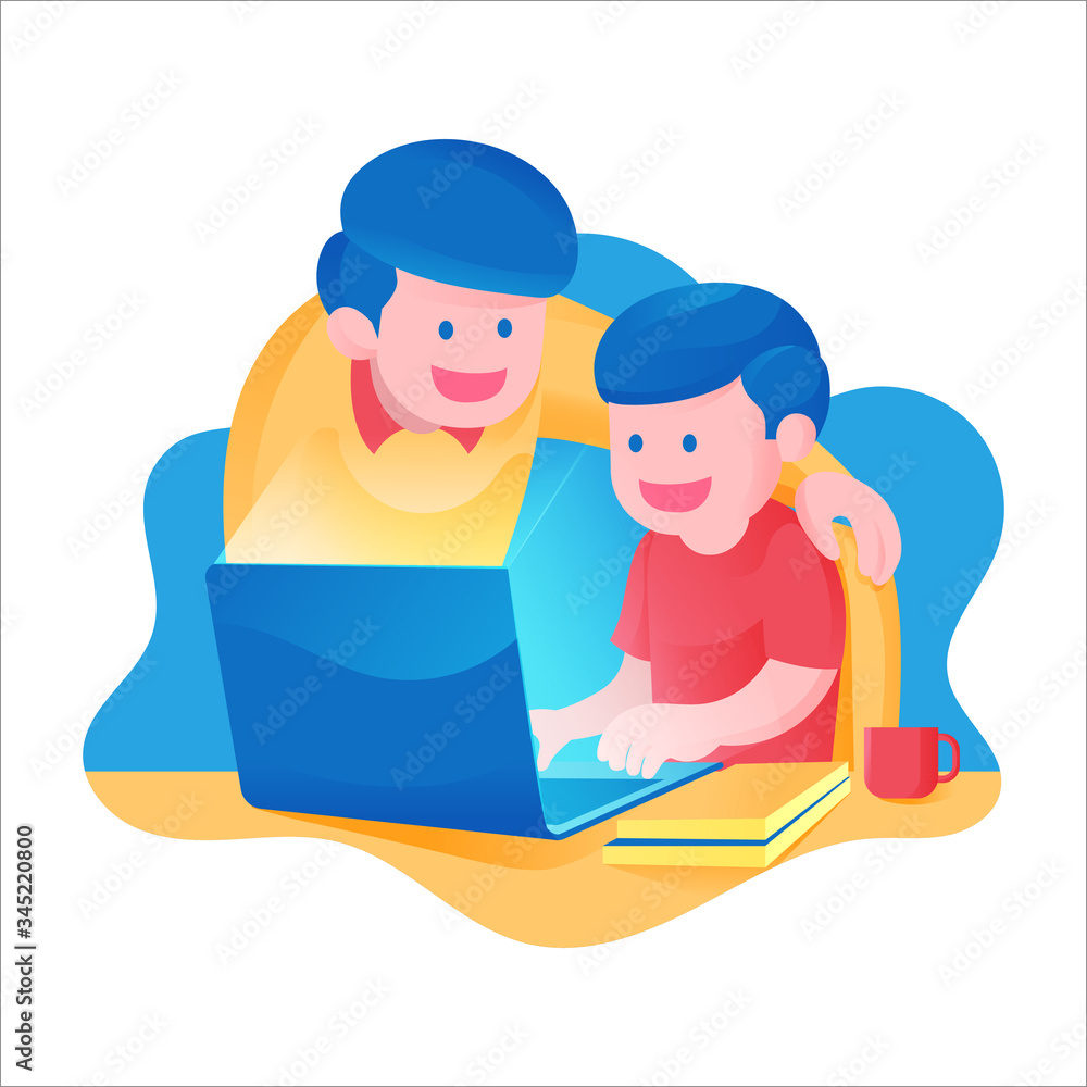 A boy with his father learning online in School from home activity, Study in front of Laptop and books colorful theme vector illustration A boy with his father learning online in School from home activity, Study in front of Laptop and books colorful theme vector illustration