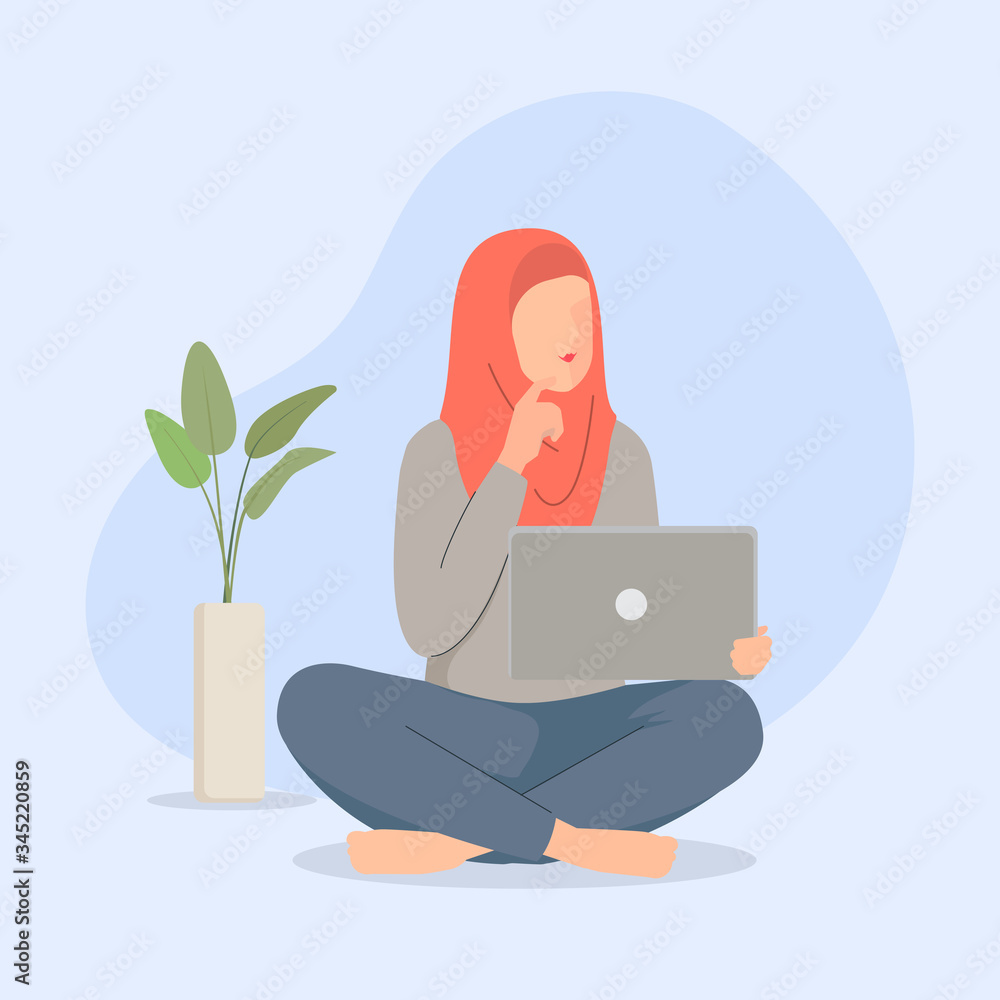 Moslem women using laptop sitting on the floor serious face thinking about question, Moslem women using laptop sitting on the floor serious face thinking about question,