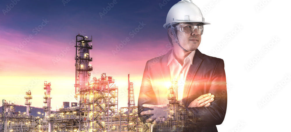 Double exposure of Refinery industry engineer with safety helmet and abstract background for copy space. Double exposure of Refinery industry engineer with safety helmet and abstract background for copy space.