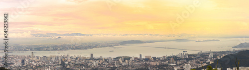 Panoramic view of the capital fantastic city of Penang island in Georgetown , Malaysia.
