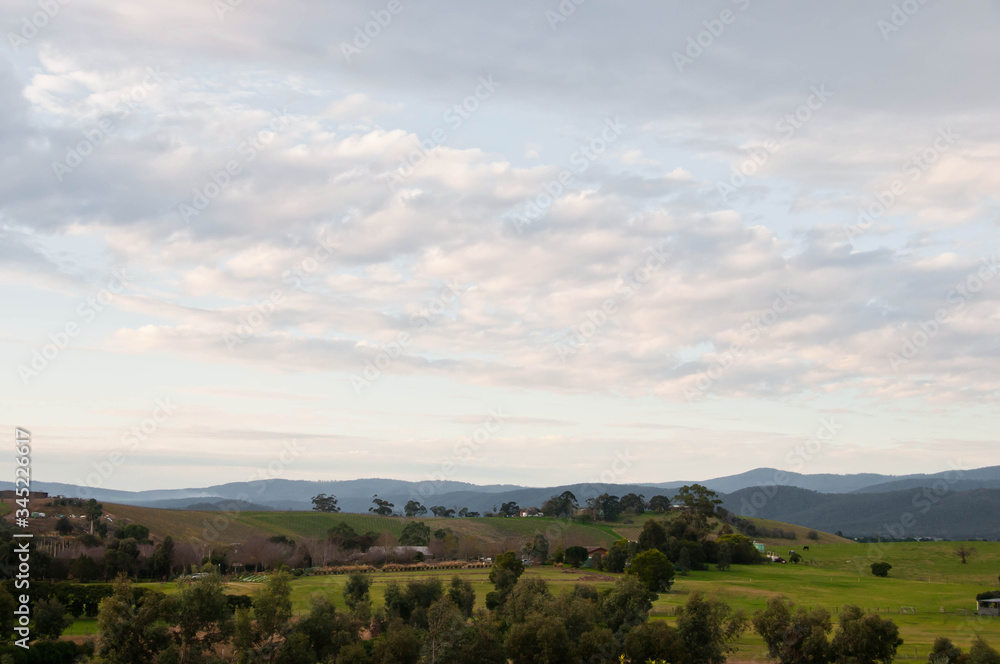 Peaceful evening scene of Yarra Valley countryside and mountainrange near Melbourne Australia