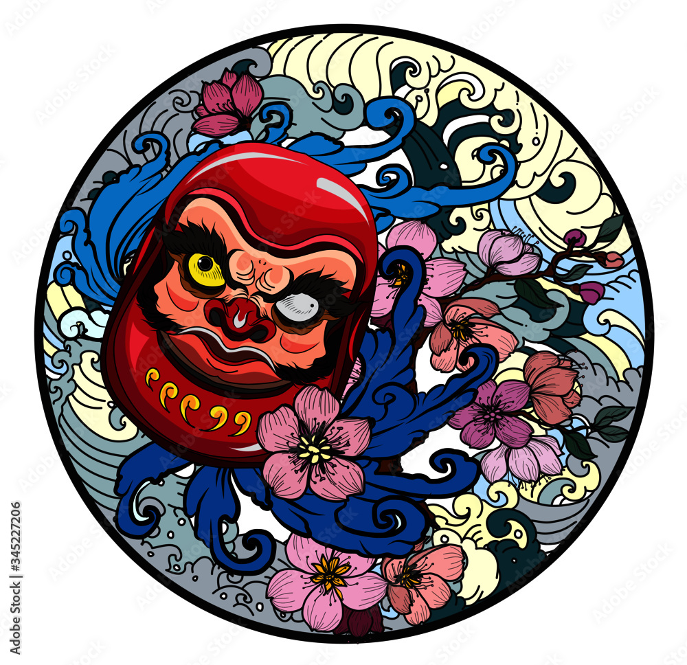 hand drawn doll Daruma and Dragon tattoo ,coloring book japanese style