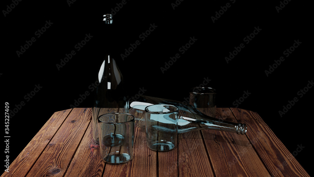 3d render bottle glass on wood floor with black isolated background.