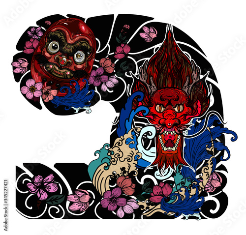 hand drawn doll Daruma and Dragon tattoo ,coloring book japanese style.Japanese old dragon for tattoo. Lucky animal for Chinese new year.Illustration of Traditional chinese Dragon