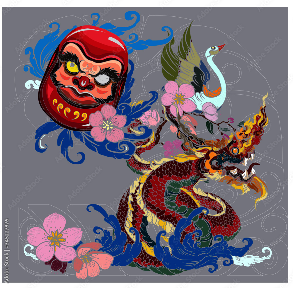 Obraz premium hand drawn doll Daruma and Dragon tattoo ,coloring book japanese style.Japanese old dragon for tattoo. Lucky animal for Chinese new year.Illustration of Traditional chinese Dragon