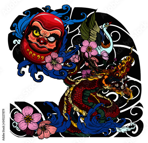 hand drawn doll Daruma and Dragon tattoo ,coloring book japanese style.Japanese old dragon for tattoo. Lucky animal for Chinese new year.Illustration of Traditional chinese Dragon