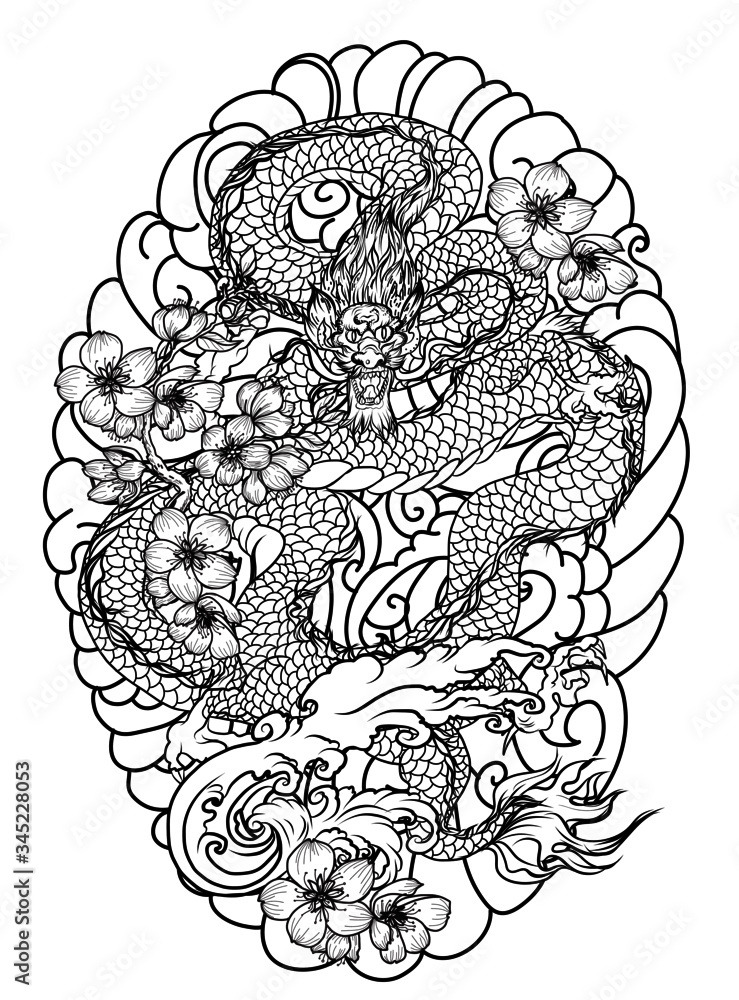 Obraz premium hand drawn Dragon tattoo ,coloring book japanese style.Japanese old dragon for tattoo. Traditional Asian tattoo the old dragon vector.