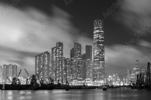 Night scene of skyline and harbor of Hong Kong city