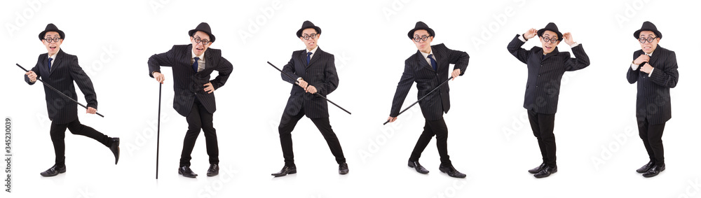 Funny gentleman in striped suit isolated on white